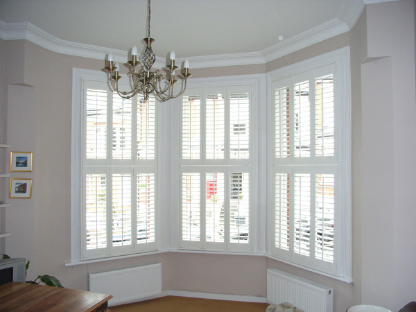 Plantation Shutters in Wood, 63mm louvres, tier-on-tier